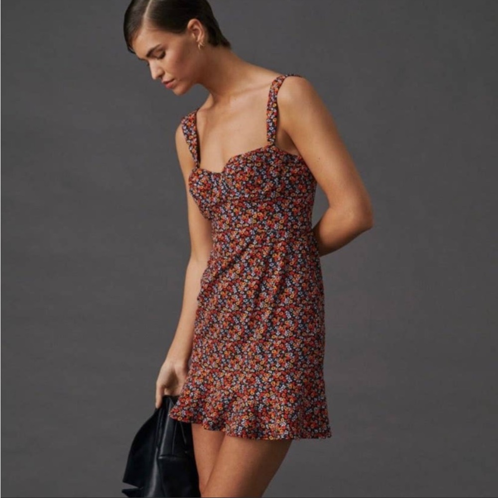 Anthropologie Hutch Ditsy Floral Corset Mini Dress in Red Multi